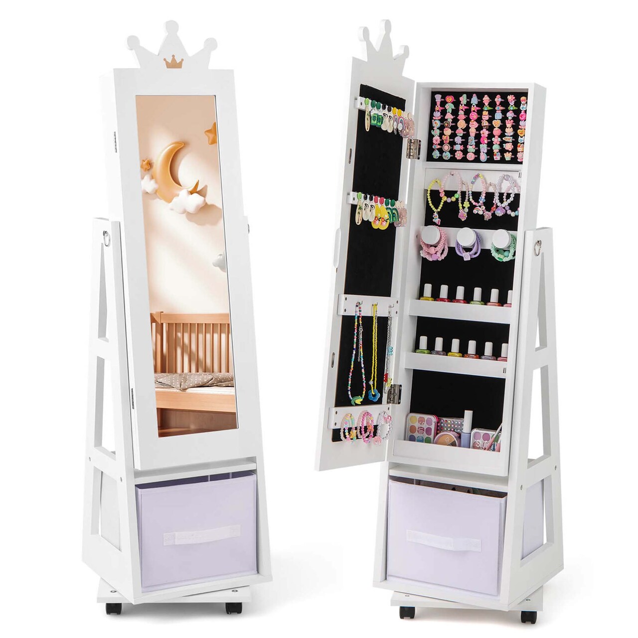 Costway Kids Jewelry Cabinet with Full-Length Mirror Foldable Drawer Anti-toppling System White/Pink